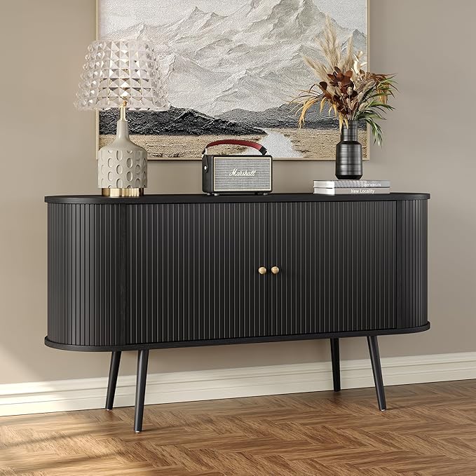 Furniouse 54.4''W Buffet Cabinet with Storage Fluted Sideboard Cabinet with Doors & 4 Shelf Storage for Living Room, Hallway, Kitchen, Black