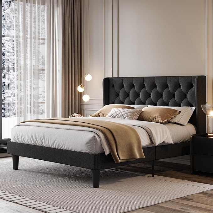 SHA CERLIN Full Size Platform Bed Frame with Upholstered Headboard and Wingback, Button Tufted Design, Easy Assembly, No Box Spring Needed, Black