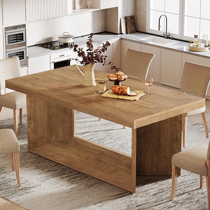 Tribesigns 63-Inch Dining Table for 4-6, Farmhouse Kitchen Table with Heavy Duty Pedestal, Rectangular Wooden Dinner Furniture for Home, Dining Room, Living Room, Brown