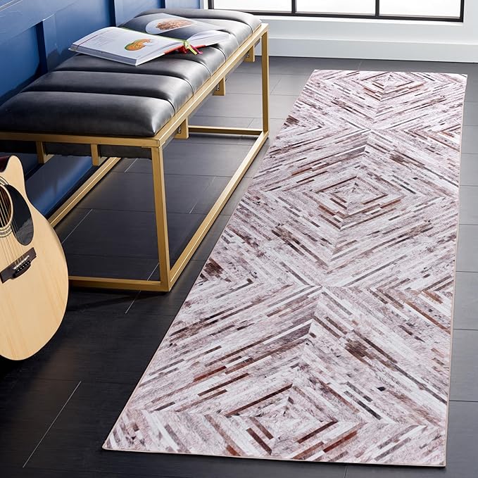 SAFAVIEH Washable Rug Faux Hide Collection - 2'6" x 6' Runner, Beige & Brown, Slip Resistant, Western Rustic Decor, Printed Pattern, Ideal for Living Room, Hallway, Kitchen, Foyer, Bedroom (FAH526A)