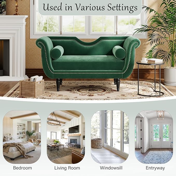 Christopher Knight Home Aurora Velvet Chaise Lounge Indoor with 2 Bolster Pillows, Upholstery Entryway Bench with Nailhead Trim & Curved Arms, End of Bed Bench Ottoman and Wooden Legs, Green