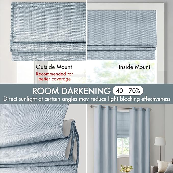 Madison Park Galen Cordless Roman Shade, 35"W x 64"H, Sheen Blue – Room Darkening, Thermal Insulated, Energy Efficient Window Blind with Subtle Sheen Basketweave Fabric for Privacy