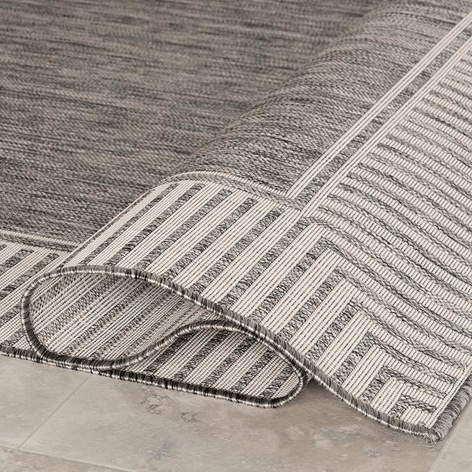 nuLOOM 8' x 10' Outdoor Area Rug, Casual Design with Striped Border, Stain Resistant, Highly Durable, for Patio, Balcony, Bedroom, Living Room, Dining Room, Bathroom, Steel