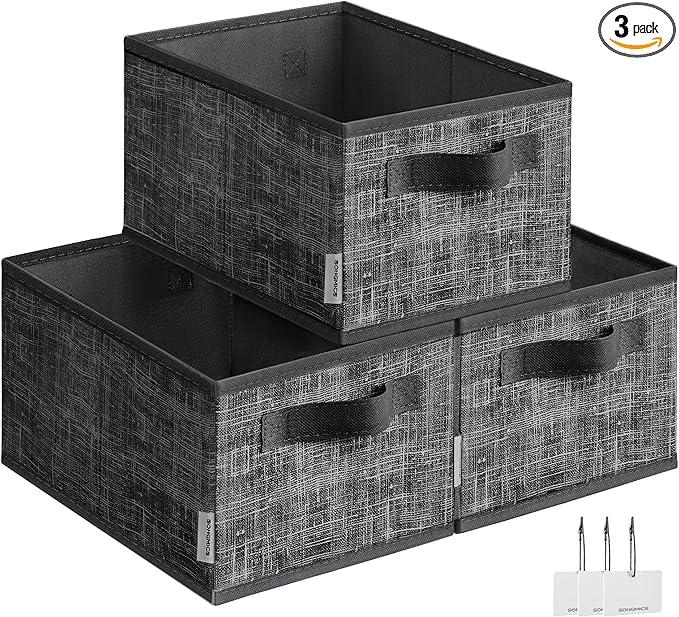 SONGMICS Storage Cubes, 11.8 x 7.9 x 5.9 Inches Non-Woven Fabric Bins with Double Handles, Set of 3, Closet Organizers for Shelves, Foldable, for Clothes, Ink Black UROB415B01