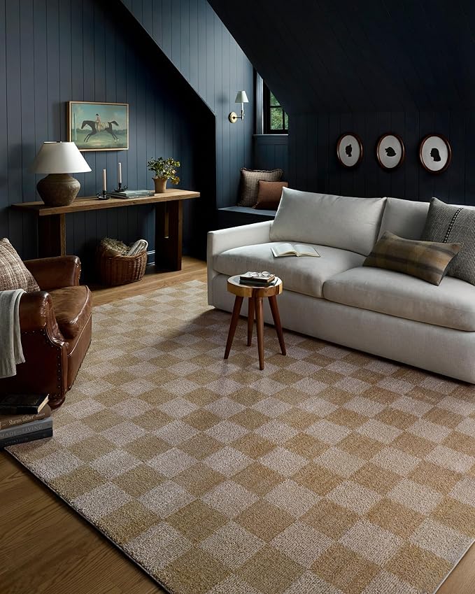 Loloi Chris Loves Julia Calvin Collection CLV-01 Wheat/Ivory 6'-3" x 9'-6" Area Rug Checkered Neutral Soft Living Room Bedroom Carpet