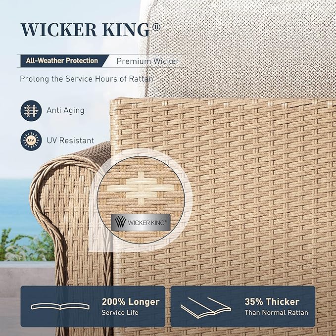 Patio Furniture Set 5 pcs, Wicker Rattan Sofa with 5.5" Thick Waterproof Cushions, 2 Chairs and Ottomans, All Weather Outdoor Conversation Set for Backyard Deck, 7 Seats Beige
