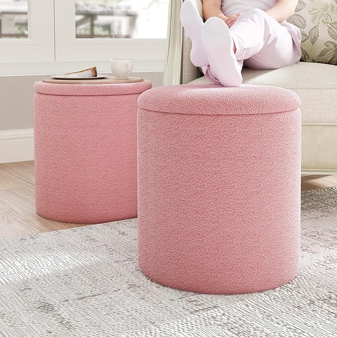 Ottoman Poufs with Storage, Set of 2 Soft Upholstered Vanity Stool,Multifunctional Ottomans Coffee Table Padded Seat Foot Rest for Living（Pink, Pack of 2）