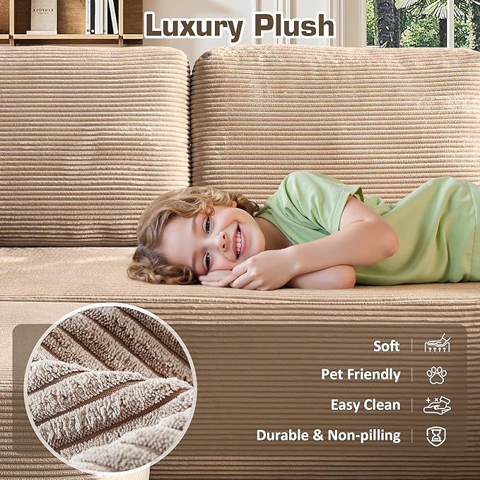 106" Cloud Sectional Couch with L-Shape Chaise & Ottoman, No Assembly Modular Sofa, Deep Seat Corduroy Boneless Couched for Living Room (Camel Stripe Corduroy, Right Facing Chaise with Ottoman)