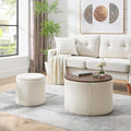 DAGONHIL 2-Piece Set Round Chenille Storage Ottoman, Equipped with a Drum Shaped Small Stool, Storage Space, and MDF Made Desktop Panel (Beige 23.6"x23.6"x16.5")