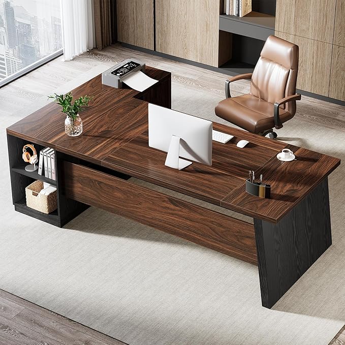 Tribesigns 78" L Shaped Executive Desk, Large Office Desk with Drawers and Storage Shelves, Modern Corner Computer Table Business Furniture for Home Office (Black & Brown)