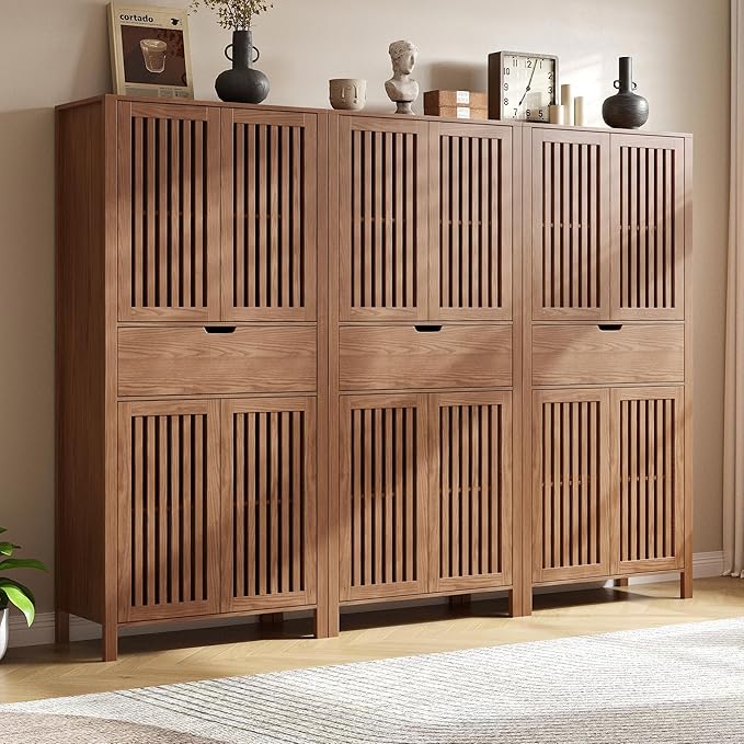 Set of 3 Rustic Brown 69" Tall Farmhouse Storage Cabinet with Drawer & Adjustable Shelves, Grille Door Organizer Unit, Anti-Tip Design for Bathroom,Kitchen,Living Room