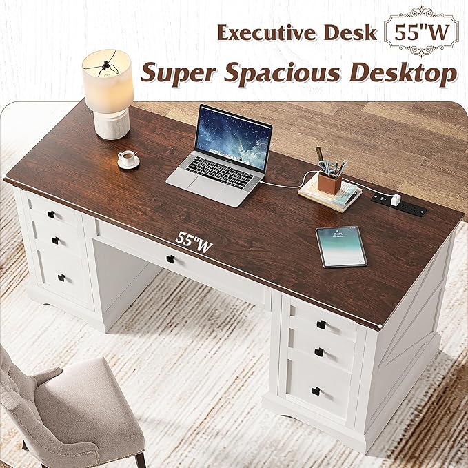EnHomee 58" W Farmhouse Executive Desk with Drawers, Wood Home Office Desks with Power Outlets, Rustic Computer Desk with Storage Cabinet for Working, Studying, Writing, White + Brown