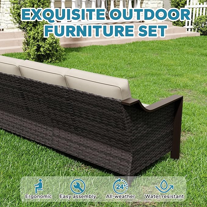 75" Patio Metal Wicker Sofa, 3-seat Deep Seat & Upholstered Couch, Outdoor All-Weather Rattan Loveseat with Washable Cushions, Steel Frame, Garden (Beige and Brown Stripe)