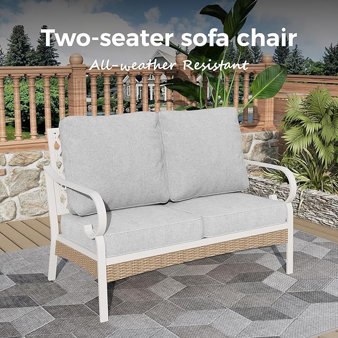 Patio Furniture Sofa, Love-Seat Patio Sofa Steel Frame Outdoor Sectional Couch with Deep Seating and 5.5” Cushions for Lawn Backyard Porch Deck, Light Gray