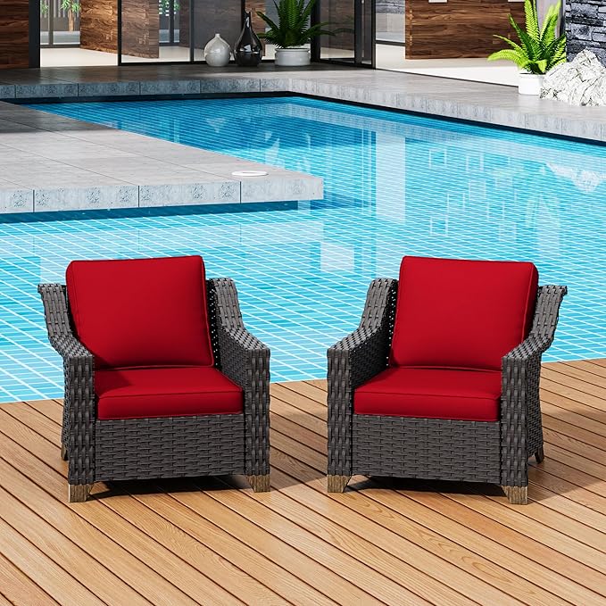 Patio 2 Pieces Wicker Chairs Set of 2，Outdoor PE Rattan Armchairs, Water-Resistant Cushions with Removable and Washable Covers, Porch, Balcony, Sunroom (Red)