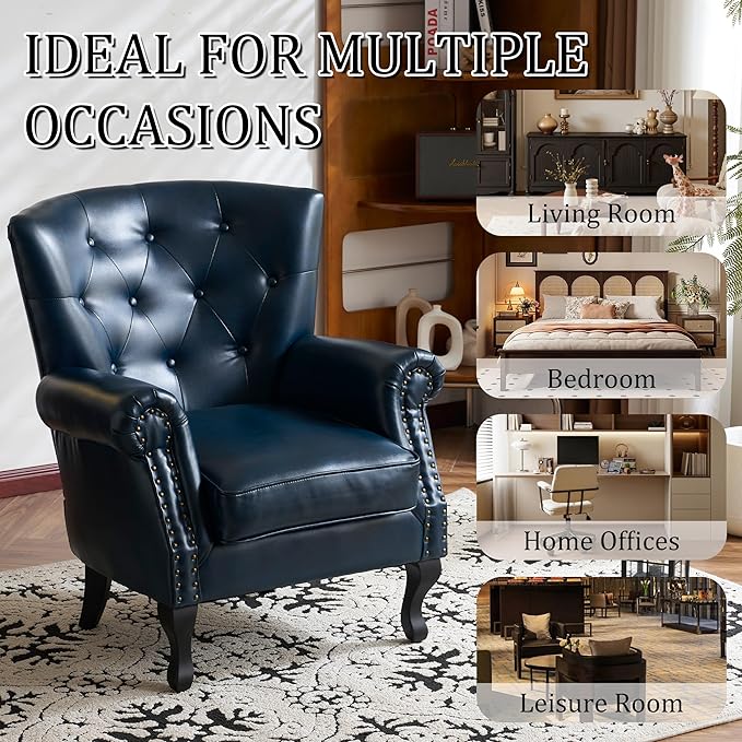 Modern Accent Chair, Mid-Century Faux Leather Armchair with Solid Wood Legs, Single Sofa Club Chair for Living Room, Bedroom, Leisure Room, Reading Room(Navy)