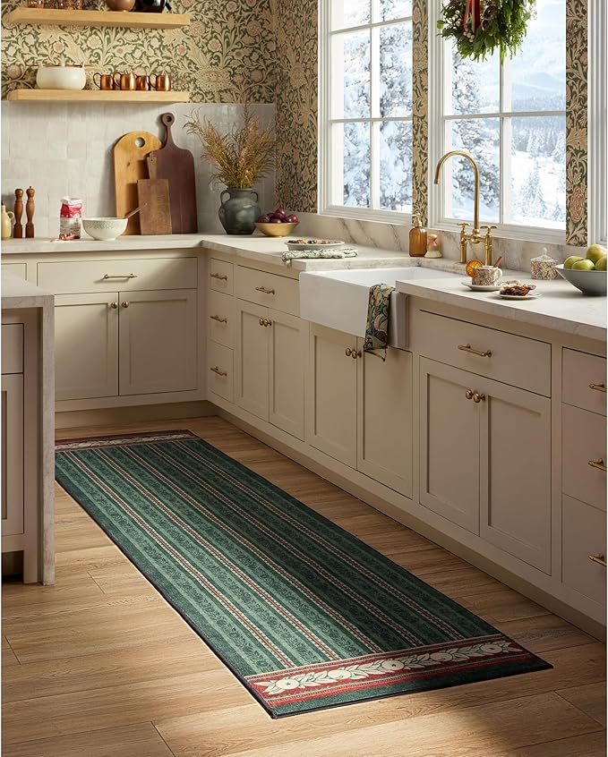 RUGGABLE x Morris & Co Machine Washable Christmas Runner Rug – Fruit Stripe Spruce Green 2.5x7, Stain-Resistant, Non-Slip – Washable Rug for Hallway, Entryway, Living Room & Kitchen–with Standard Pad