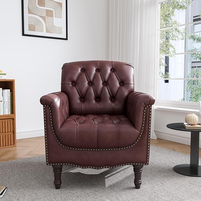UIXE Faux Leather Accent Chair for Living Room, Tufted Arm Chair Retro Upholstered Club Armchair with Solid Wood Legs - Dark Red, Set of 2