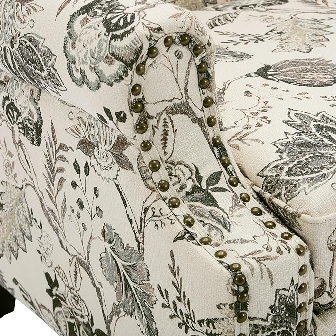 Pia Ricco High Back Floral Accent Chair - Retro Wingback Upholstered Armchair with Nailhead Trim, Solid Wood Legs, Fabric Living Room Bedroom Reading Chair (Plants Beige)