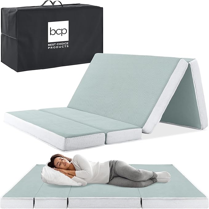 Best Choice Products 4in Portable Queen-Size Mattress, Tri-Fold Mattress for Camping, Guest, Toddler, Foam Plush w/Carry Case - Seafoam