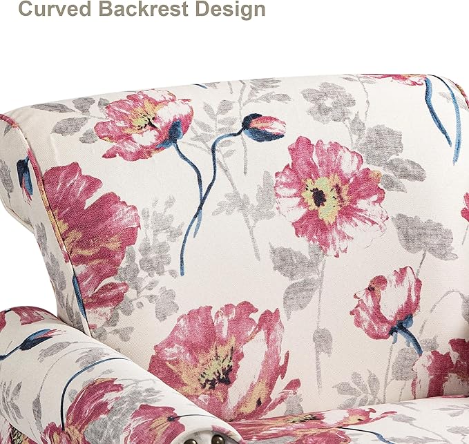 Accent Chair, Upholstered High Back Floral Armchair with Nailhead Trim & Wood Legs, Comfy Wingback Reading Single Sofa Chair for Small Spaces, Living Room, Bedroom (White Floral, Set of 2)