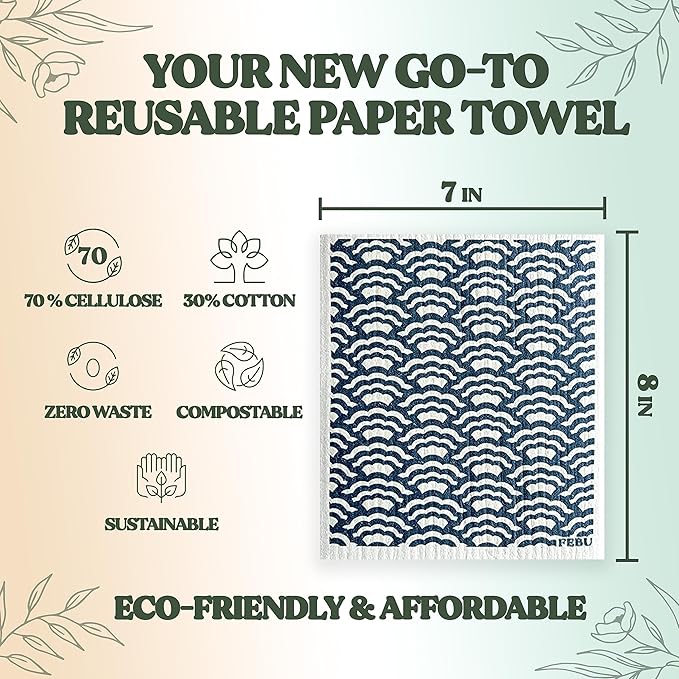 FEBU Swedish Dishcloths for Kitchen | 5 Pack Fresh Flowers Reusable Paper Towels Washable | Swedish Dish Towels | Non-Scratch Cellulose Sponge Cloths | No Odor, Biodegradable Cleaning Cloths