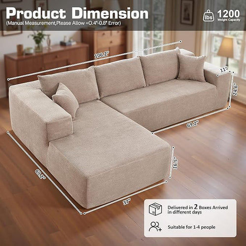 106" Cloud Sectional Couch with Chaise Lounge,L Shaped Modular Modern Sofa,Comfy Corduroy Fluffy Couches with Deep Seat,No Assembly Required Couch for Living Room(Left,Stripe Corduroy,Camel)