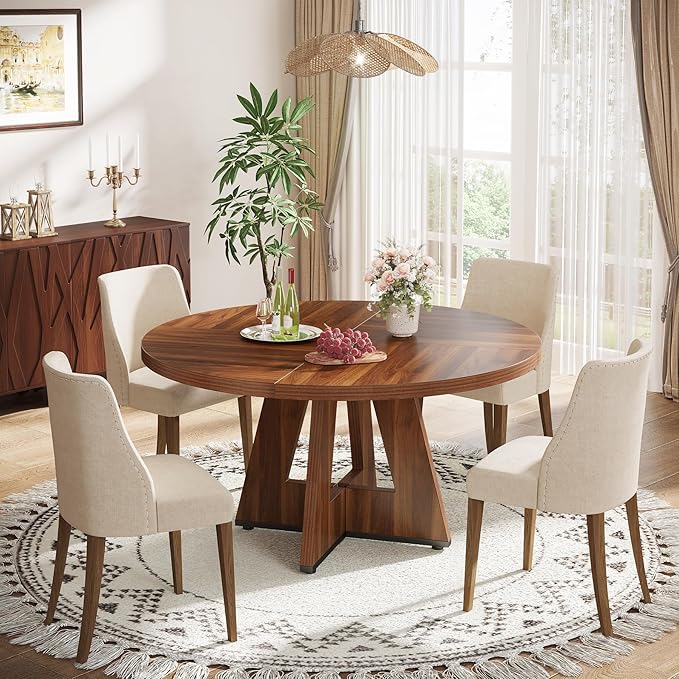 Tribesigns Farmhouse Dining Table, 47 Inch Round Dinner Table for 4, Rustic Round Dining Room Table for Home Dining Room Living Room (Brown)