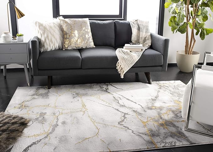 SAFAVIEH Craft Collection Area Rug - 8' Square, Grey & Gold, Modern Abstract Design, Non-Shedding & Easy Care, Ideal for High Traffic Areas in Living Room, Bedroom (CFT877F)