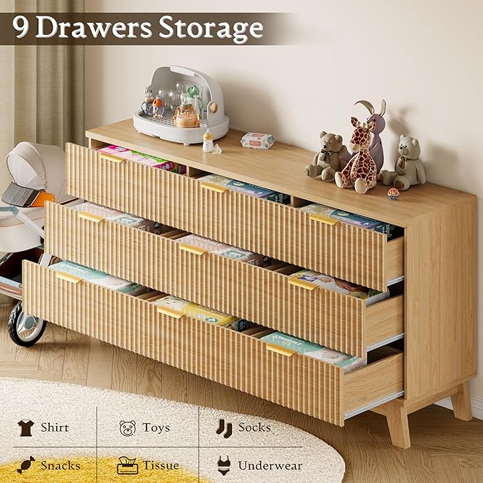 63" Long Dresser for Bedroom, 9-Drawer Fluted Dresser, Extra-Wide Wood Chest of Drawers with Smooth Metal Slides, Stable Base, Modern Clothes Storage Cabinet for Living Room, Hallway, Nursery
