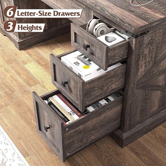 EnHomee 58" W Farmhouse Executive Desk with Drawers, Wood Home Office Desks with Power Outlets, Rustic Computer Desk with Storage Cabinet for Working, Studying, Writing, Dark Rustic Oak