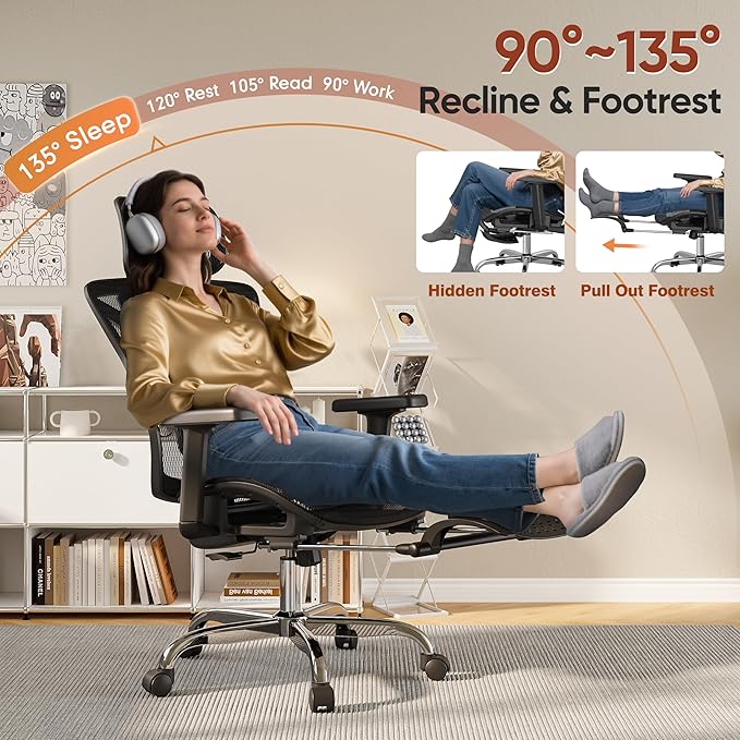 Ergonomic Office Chair with Foot Rest, Home Mesh Desk Chair with Adjustable Lumbar Support, 3D Armrest, 3D Headrest, 90°-135° Lockable Reclining Function, Comfy High Back Swivel Computer Gaming Chairs