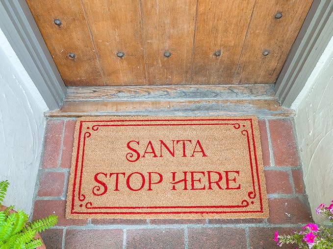 KAF Home Holiday Coir Doormat with Heavy-Duty, Weather Resistant, Non-Slip PVC Backing | 17 by 30 Inches, 0.6 Inch Pile Height | Perfect for Indoor and Outdoor Use (Santa Stop Here)