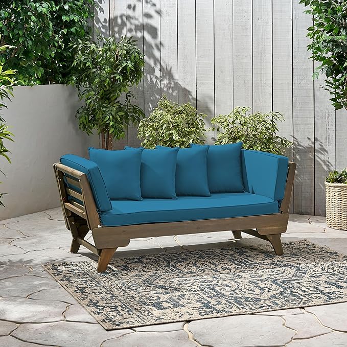 Christopher Knight Home Gary Patio Convertible Couch, Wooden Outdoor Daybed, 3-Seater Acacia Wood Patio Furniture Lounge Sofa for Backyard/Poolside/Garden, Back Pillow+Removable Cushion, Grey+Teal