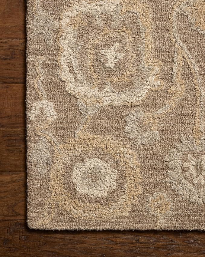 Loloi Chris Loves Julia Dorothea Collection DRT-01 Bark/Stone 11'-6" x 15' Area Rug Wool Neutral Floral Living Room Bedroom Carpet