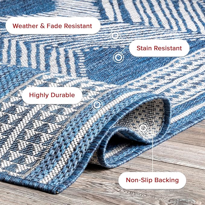 nuLOOM 9'6" x 12' Outdoor Tribal Geometric Area Rug, Stain Resistant, Weather Resistant, High Traffic, Patio, Balcony, Outside, Ranya Blue