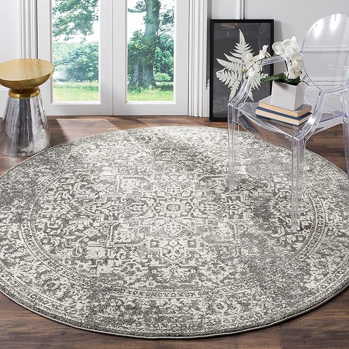 SAFAVIEH Evoke Collection 6'7" Round Grey/Ivory EVK256D Oriental Distressed Non-Shedding Dining Room Entryway Foyer Living Room Bedroom Area Rug
