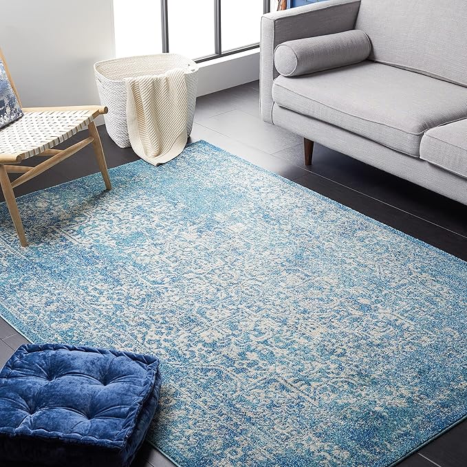 SAFAVIEH Evoke Collection Area Rug - 5'3" Square, Blue & Ivory, Distressed Design, Non-Shedding & Easy to Clean, Ideal for Living Room, Bedroom, Dining Space (EVK256C)