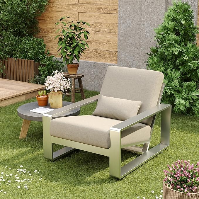 Christopher Knight Home Aspen Outdoor Aluminum Club Chair, Durable Aluminum Lounge Chair, Armchair with Cushions, Metal Accent Chair, Tilt Backrest Recliner for Backyard, Garden, Balcony, Silver+Beige