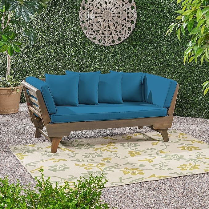 Christopher Knight Home Gary Patio Convertible Couch, Wooden Outdoor Daybed, 3-Seater Acacia Wood Patio Furniture Lounge Sofa for Backyard/Poolside/Garden, Back Pillow+Removable Cushion, Grey+Teal
