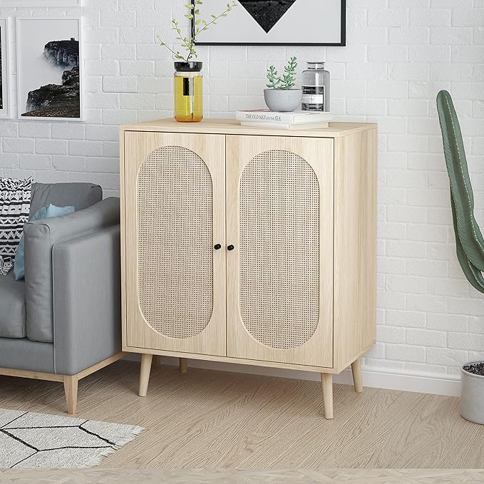 Sideboard Buffet Cabinet, High Kitchen Storage Cabinet with Rattan Doors and Adjustable Shelves, Accent Home Furniture for Living Room, Bedroom (Natural)