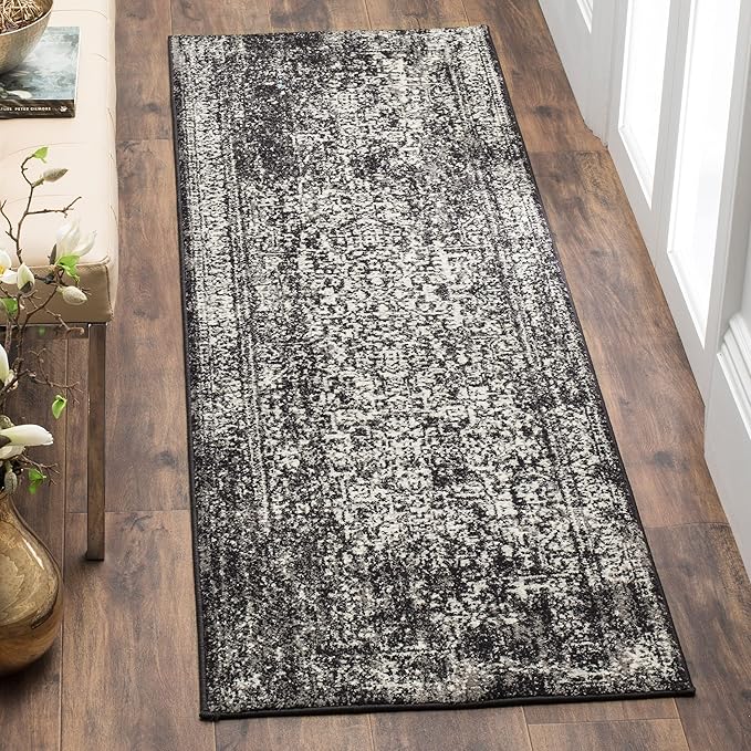 SAFAVIEH Evoke Collection 2'2" x 7' Black / Grey EVK256R Oriental Distressed Non-Shedding Living Room Entryway Foyer Hallway Bedroom Runner Rug