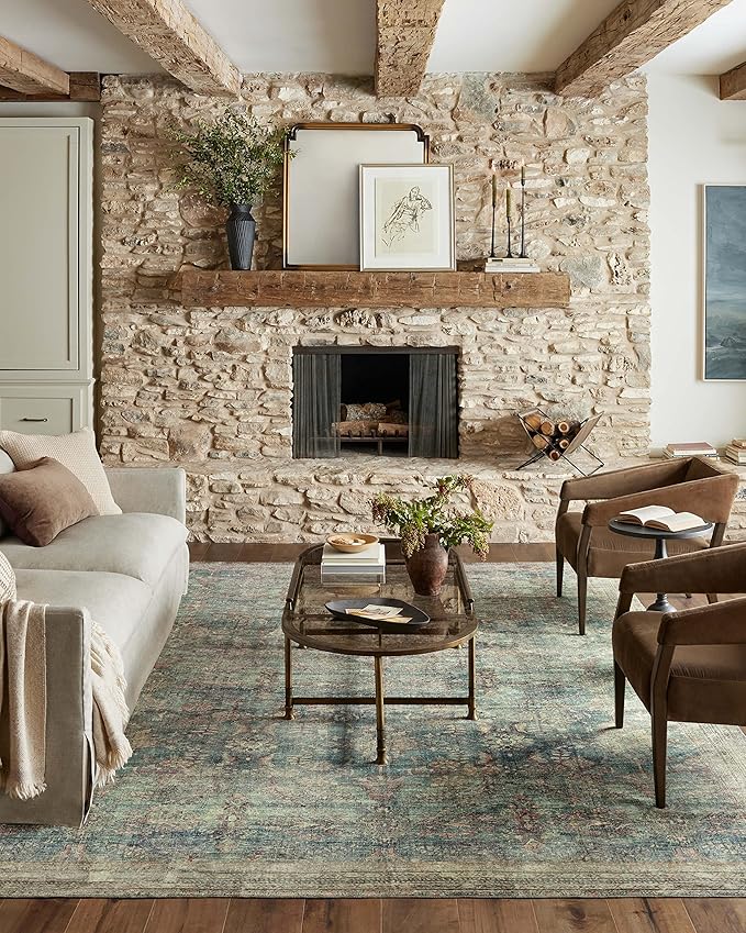 Loloi Magnolia Home by Joanna Gaines Banks Collection BAN-01 Ocean/Spice 5'-0" x 7'-6", .13" Pile Height, Machine Washable, Area Rug