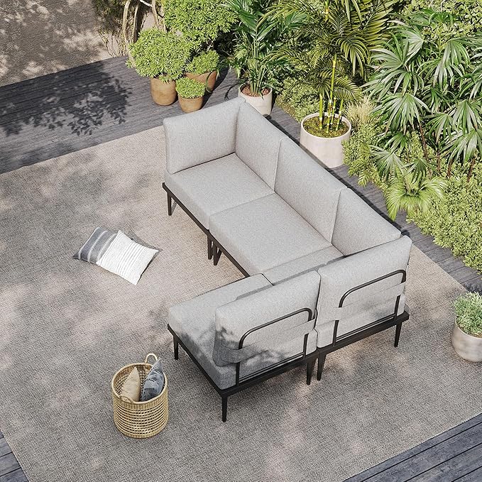 Sundale Outdoor 4 Pieces Metal Patio Furniture Set, Outdoor Sectional Sofa w/6 Inch Olefin Cushion, Modern Outdoor Conversation Sets