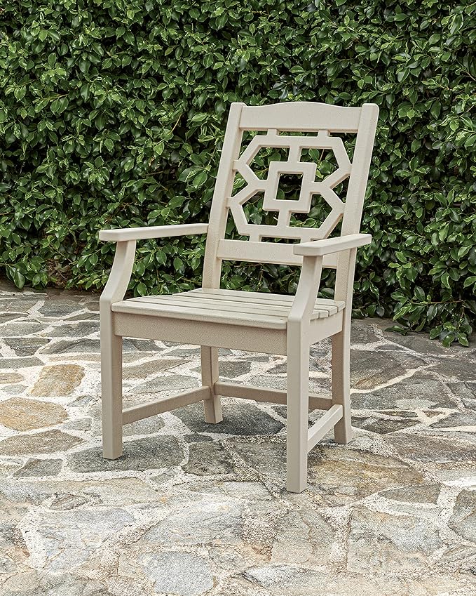 Martha Stewart by POLYWOOD Chinoiserie Outdoor Dining Arm Chair, White, Durable HDPE All-Weather, Comfortable Patio Seating with Latticework Back, Backyard, Garden Furniture, Made in The USA
