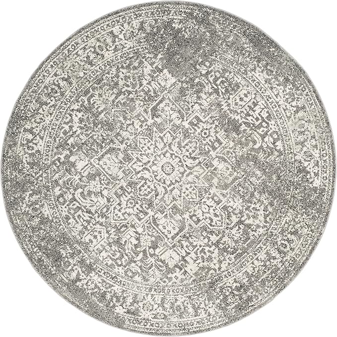 SAFAVIEH Evoke Collection Area Rug - 5'3" Round, Grey & Ivory, Distressed Design, Non-Shedding & Easy to Clean, Ideal for Living Room, Bedroom, Dining Space (EVK256D)