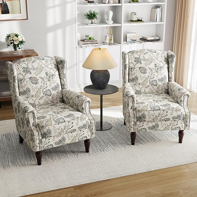 Pia Ricco High Back Floral Accent Chair - Retro Wingback Upholstered Armchair with Nailhead Trim, Solid Wood Legs, Fabric Living Room Bedroom Reading Chair (Plants Beige)