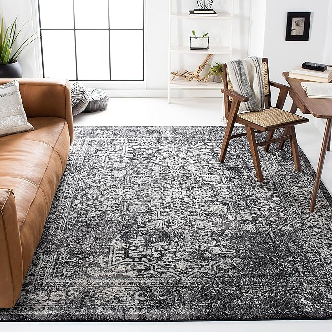 SAFAVIEH Area Rug 8x10 - Evoke Collection - Large - Black & Grey, Distressed Design, Non-Shedding & Easy Cleaning, Ideal for Living Room, Bedroom, Dining Space (EVK256R)