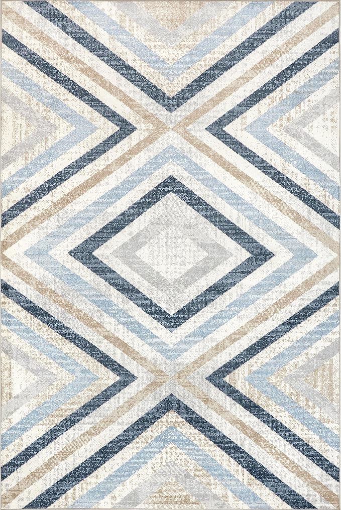 nuLOOM 3' x 5' Machine Washable Stain-Resistant Area Rug Medium Profile for Living Room, Bedroom, and Dining Room, Akari Blue