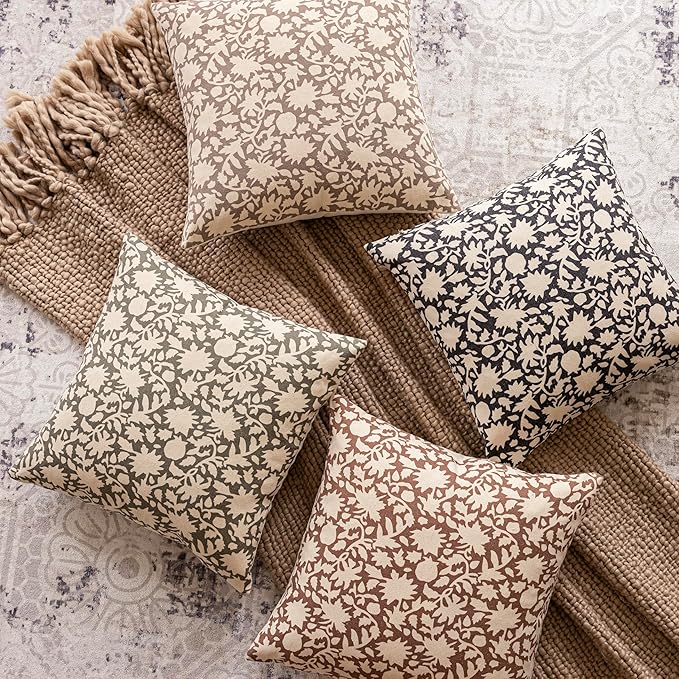Foindtower Set of 2 Decorative Neutral Floral Lumbar Throw Pillow Covers Accent Farmhouse Cushion Covers Boho Vintage Pillowcase for Couch Sofa Bedroom Living Room Home Decor,12×20 Inch,Black